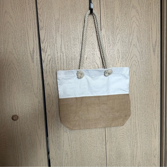 White Canvas And Burlap Tote Bag - Picture 2 of 10